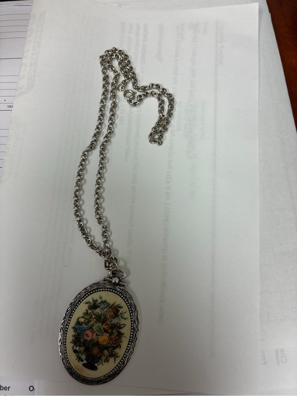 1978 Springfield Bouquet Porcelain Oval Pendant Necklace - Silver Tone